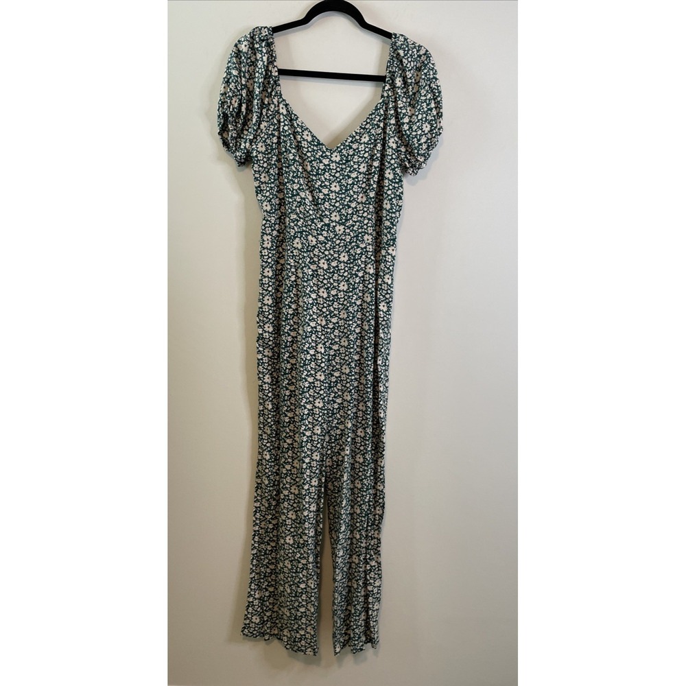 As U Wish XL Teal Floral Wide Leg Jumpsuit Puff Sleeve Boho Romper